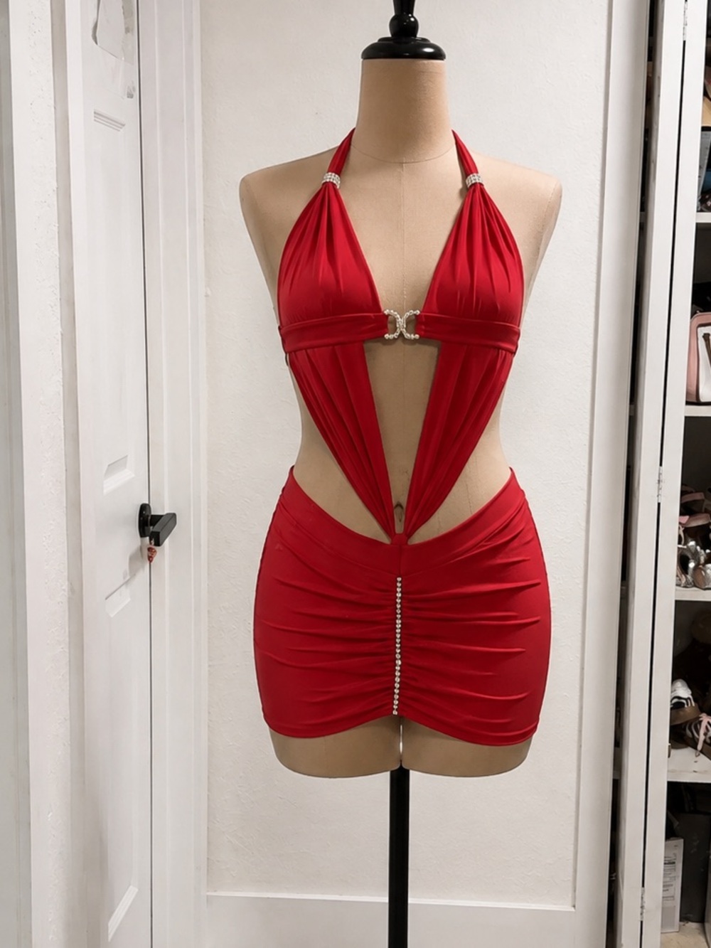 Red Halter Cutout Mini Dress with Rhinestone Accents